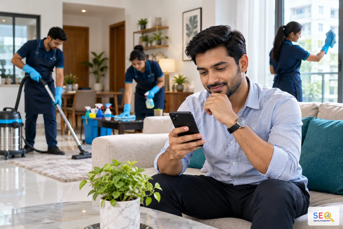 Customer using a smartphone while a professional cleaning team works in the home
