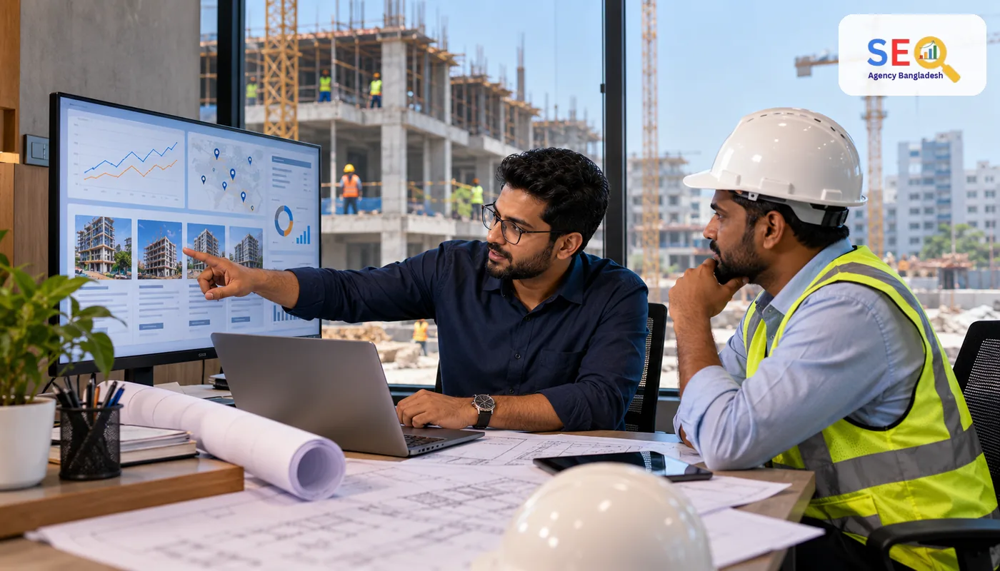 SEO specialist reviewing construction website performance and local service-area signals with a contractor