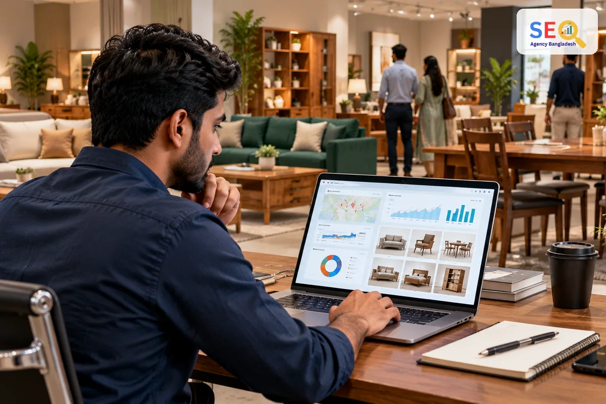 SEO specialist reviewing furniture product visibility, local showroom discovery and ecommerce performance