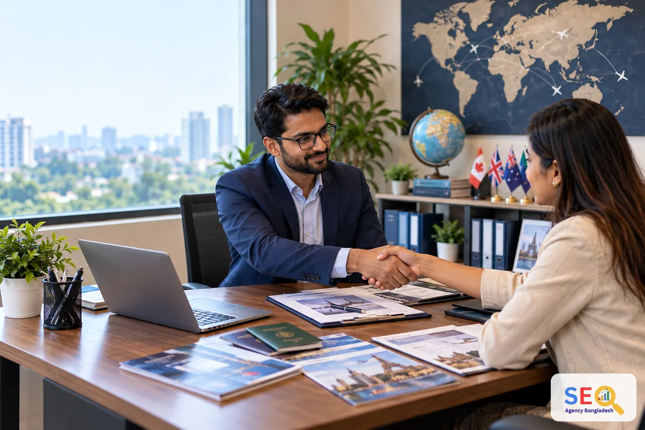 Professional consultation handoff between a specialist and immigration consultancy decision-maker