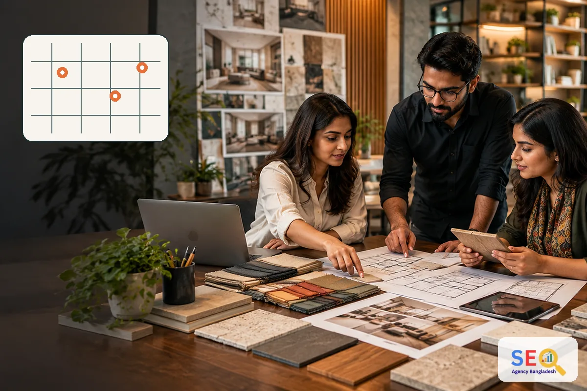 Interior design studio planning scene with a subtle service-area map motif for local SEO