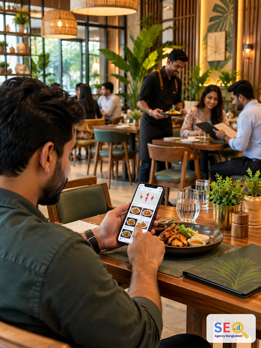 Diner comparing restaurant dishes and nearby locations on a smartphone inside a modern restaurant