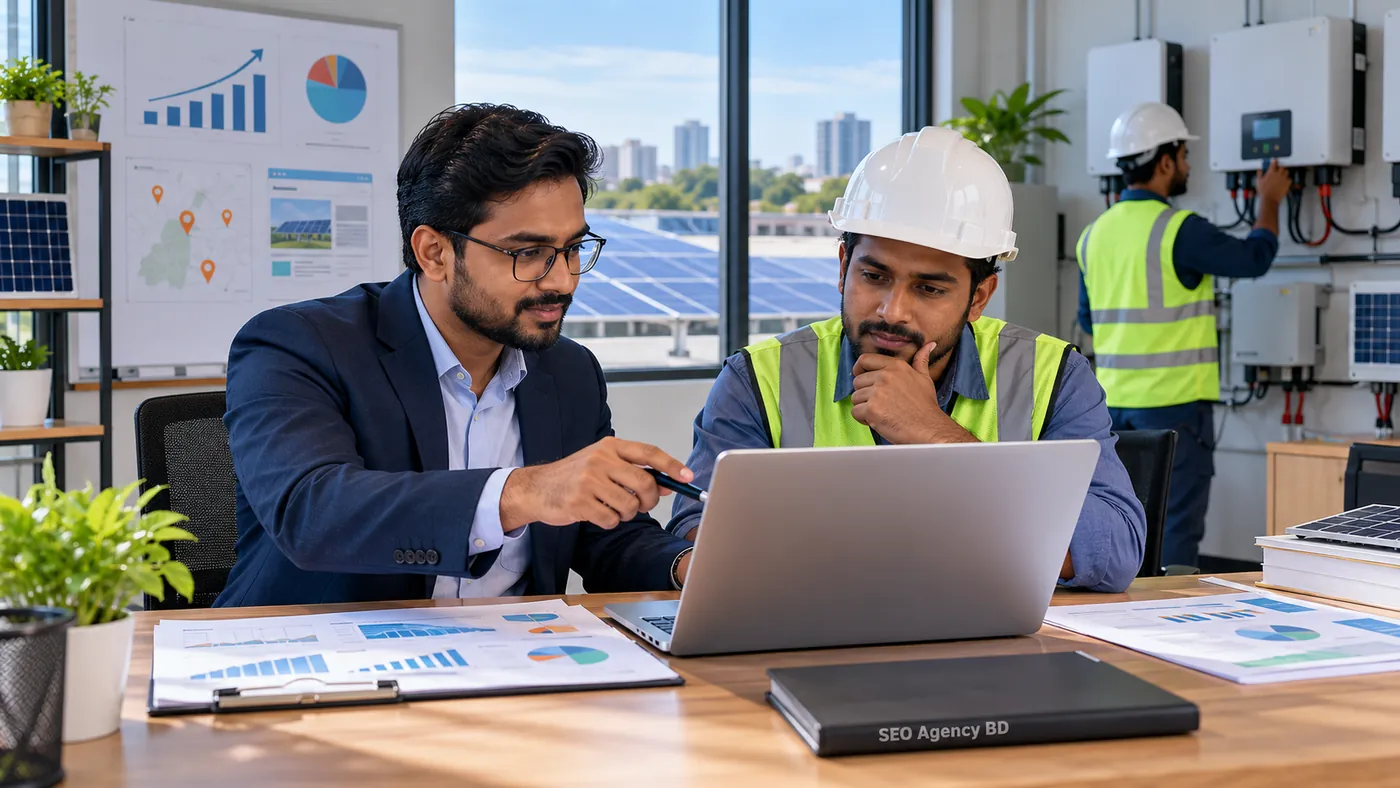 SEO specialist and solar engineer reviewing local search and project performance in a solar operations office