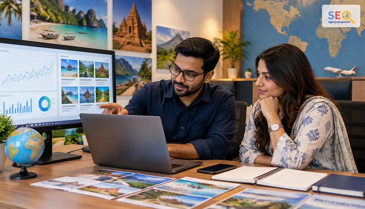 SEO specialist reviewing travel website performance and local search signals with a travel agency owner