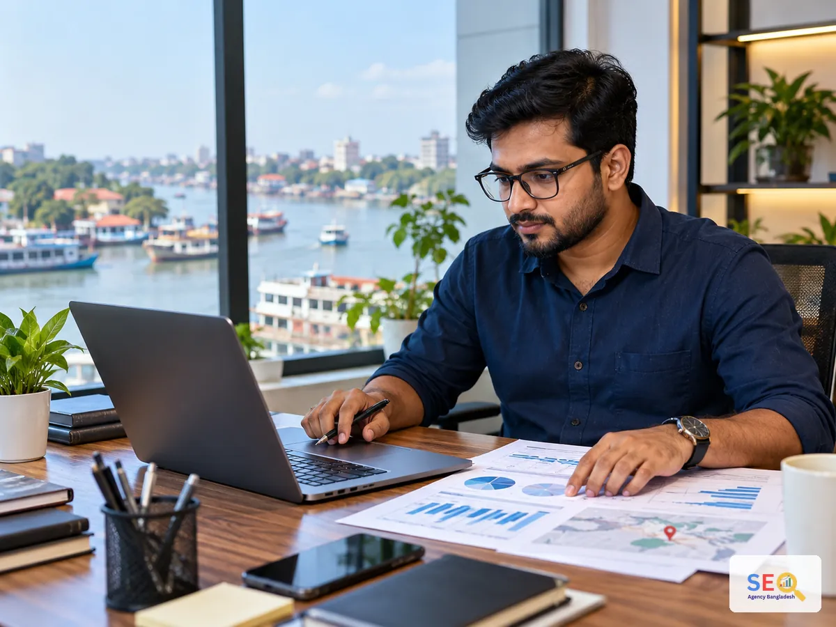 SEO specialist reviewing local search, website and performance data for optimization