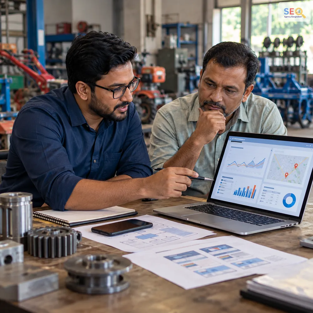 SEO specialist reviewing website analytics and local search signals with a Bogura business owner