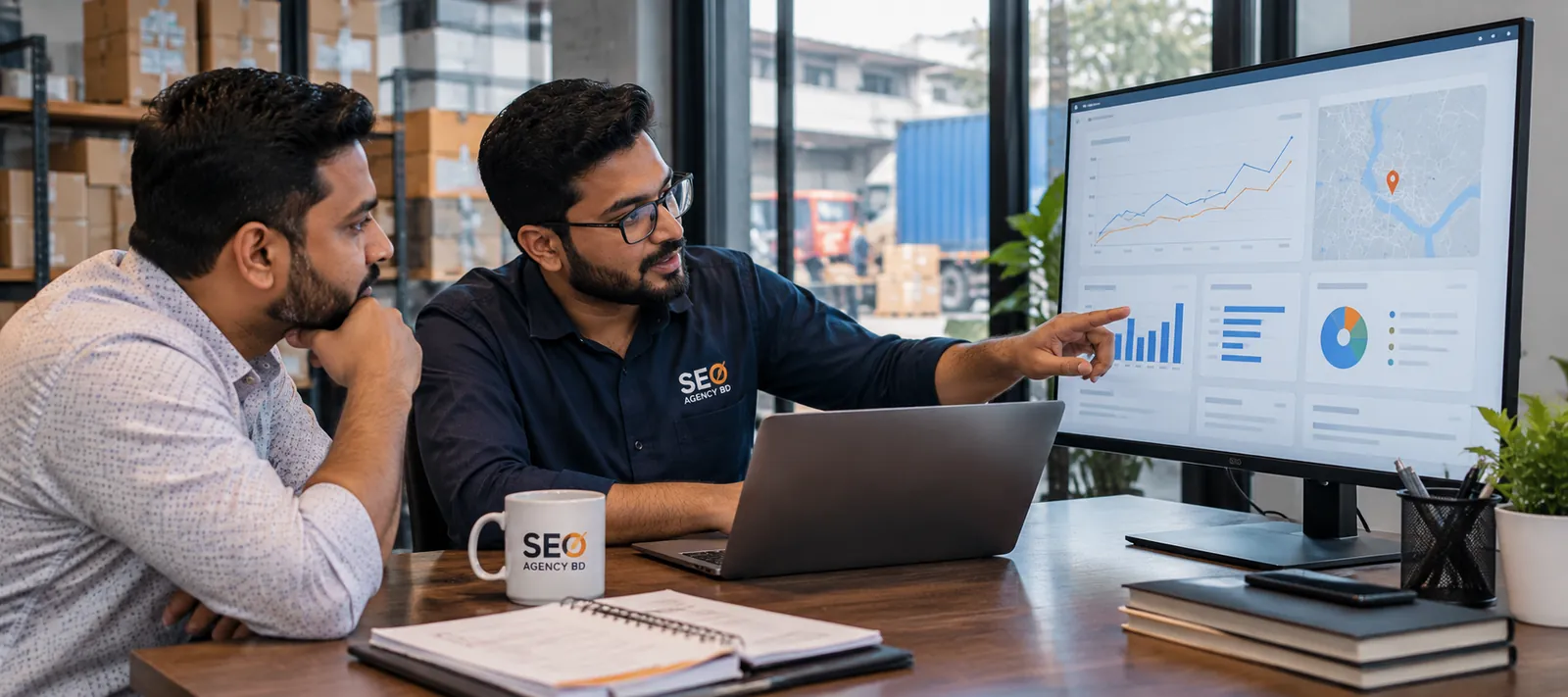 SEO specialist reviewing local search, website and conversion performance data