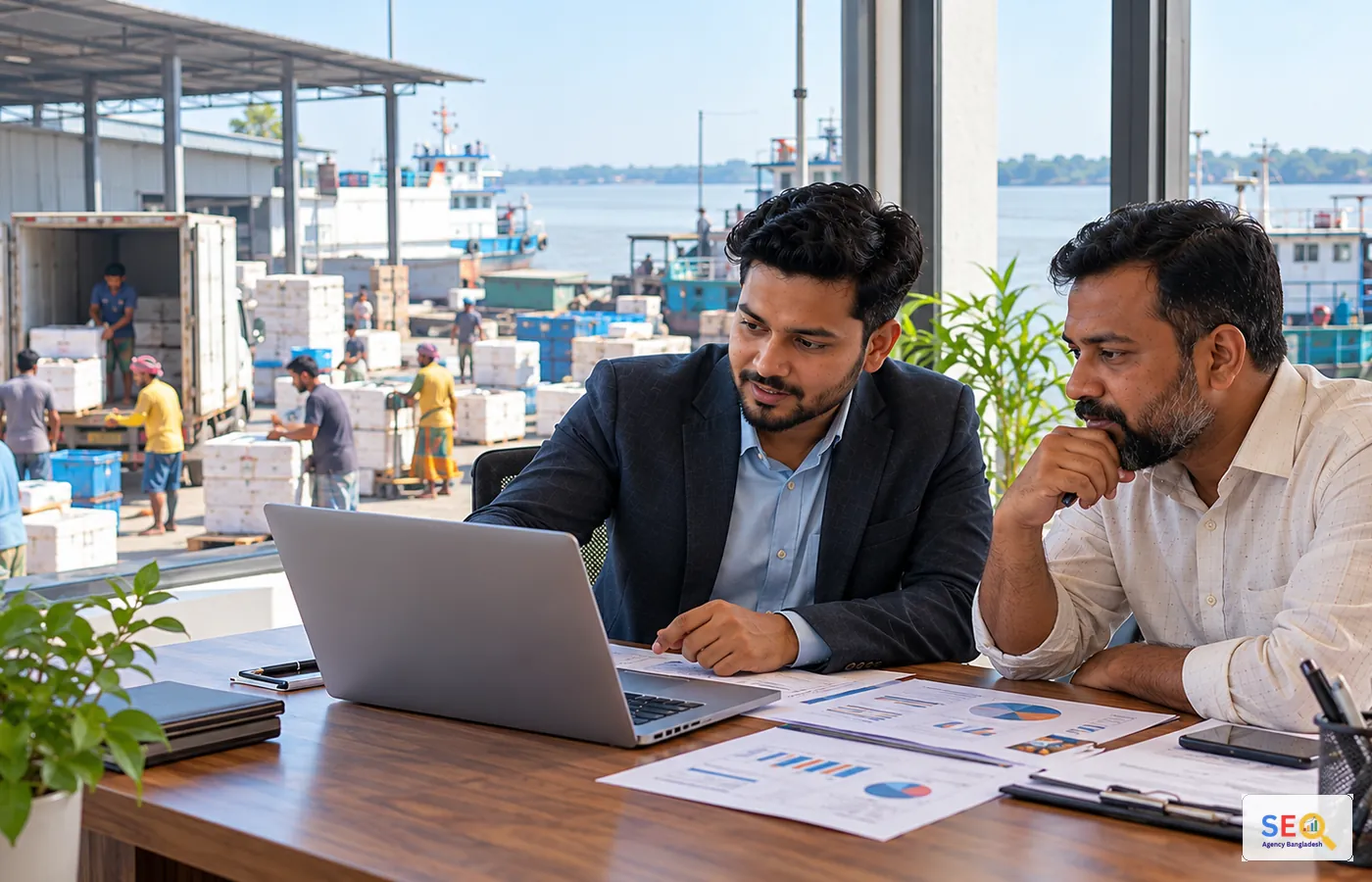 SEO specialist reviewing website and local-search performance with a Chandpur riverside business manager