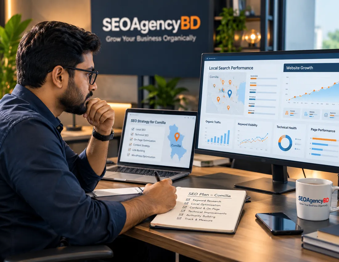 SEO specialist reviewing local search and website performance for a Comilla business