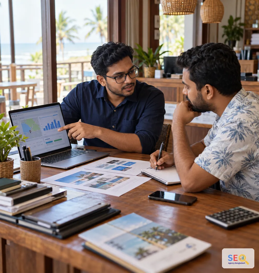 SEO specialist reviewing local-search and website performance data with a Cox's Bazar business owner