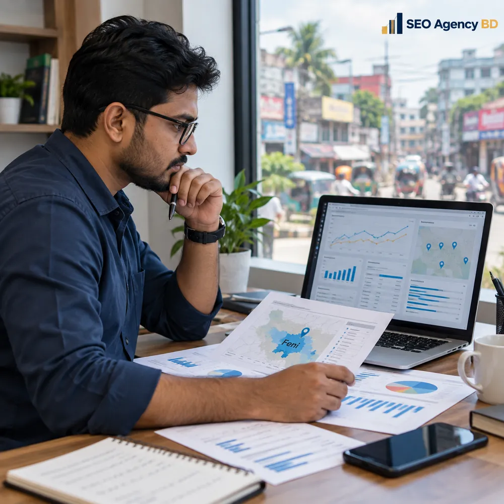SEO specialist reviewing local search and website performance evidence for Feni