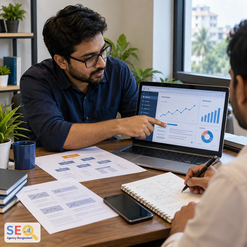 SEO specialist reviewing website analytics and page structure during an audit