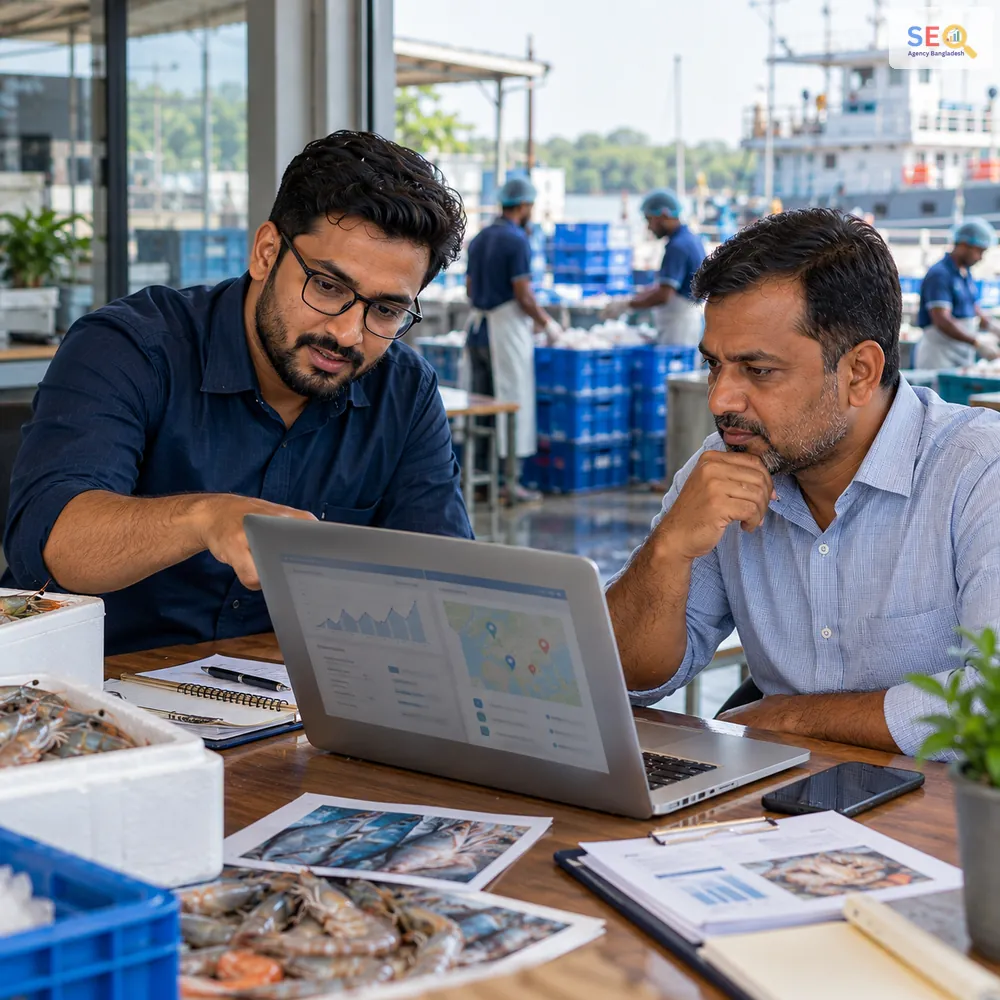 SEO specialist reviewing local search and website performance with a Khulna seafood business owner