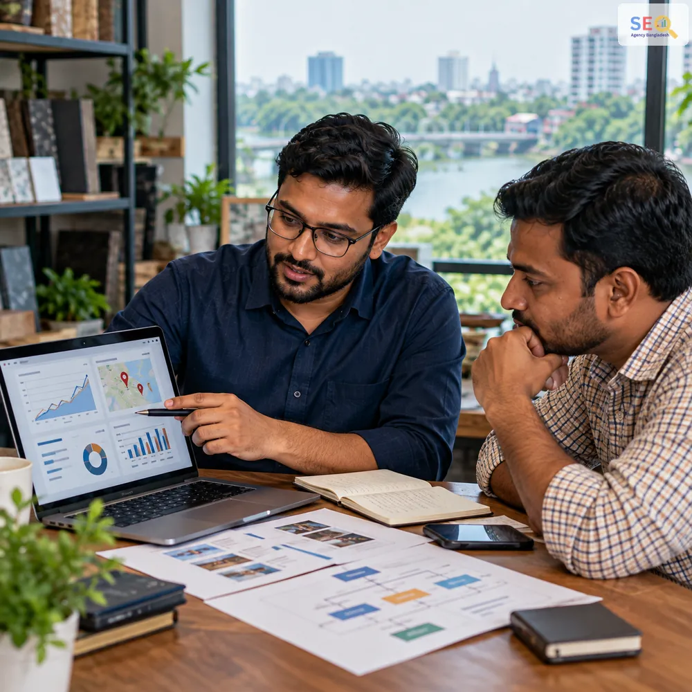 SEO specialist reviewing local search and website performance signals with a business owner