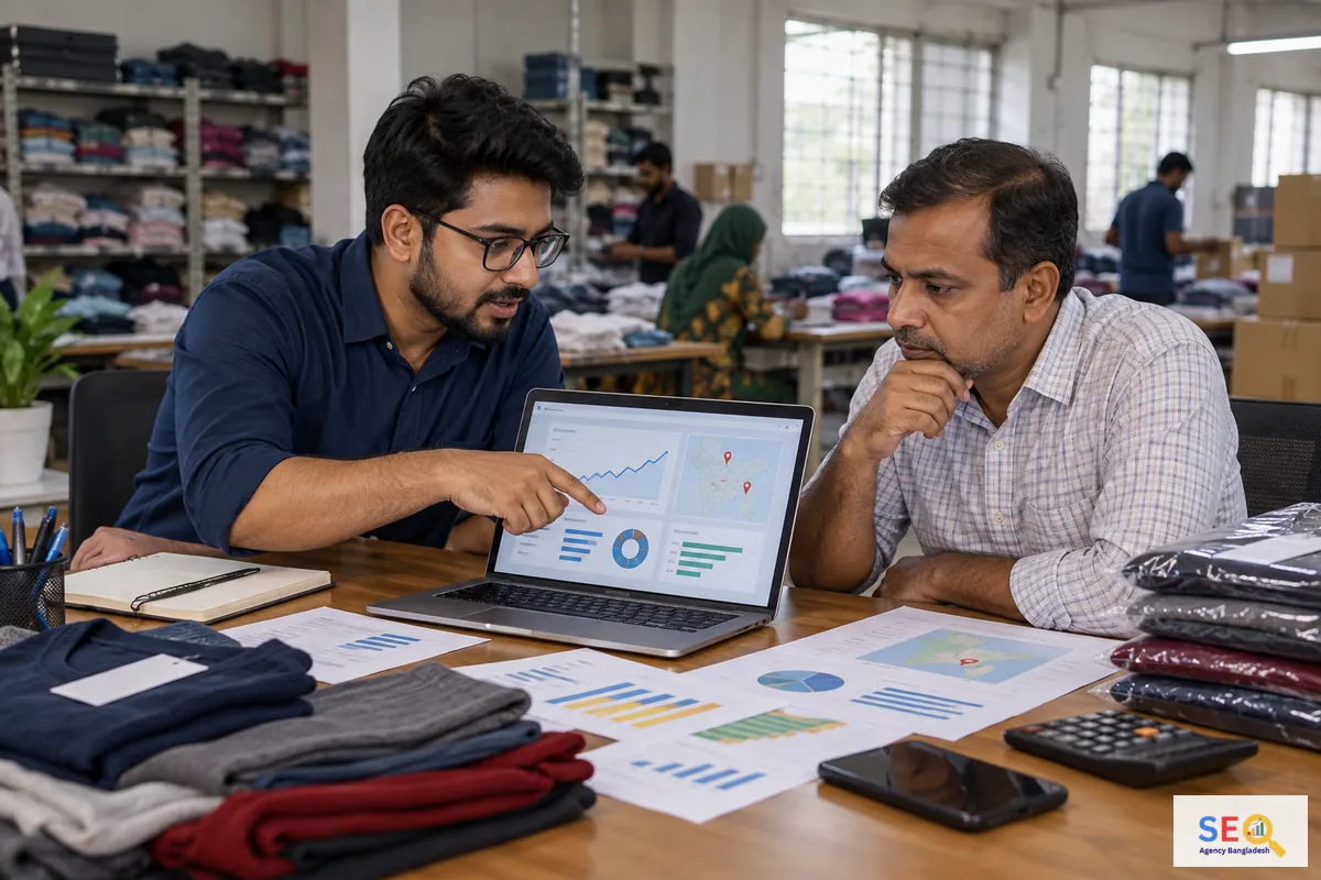 SEO specialist reviewing local-search and website performance data with a Narayanganj garment business owner