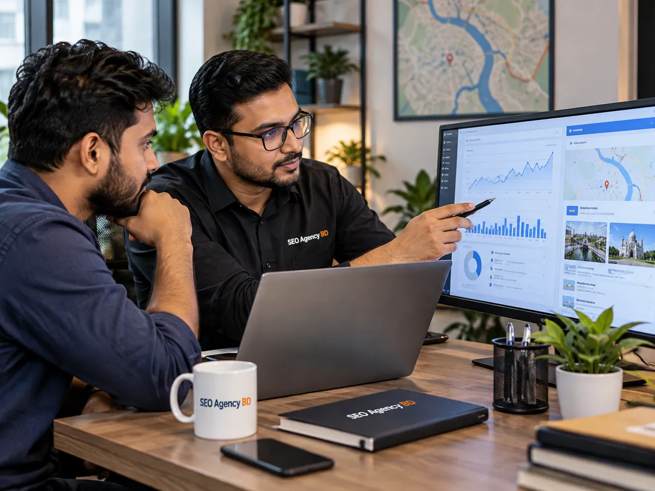 SEO specialist reviewing local search and website performance data