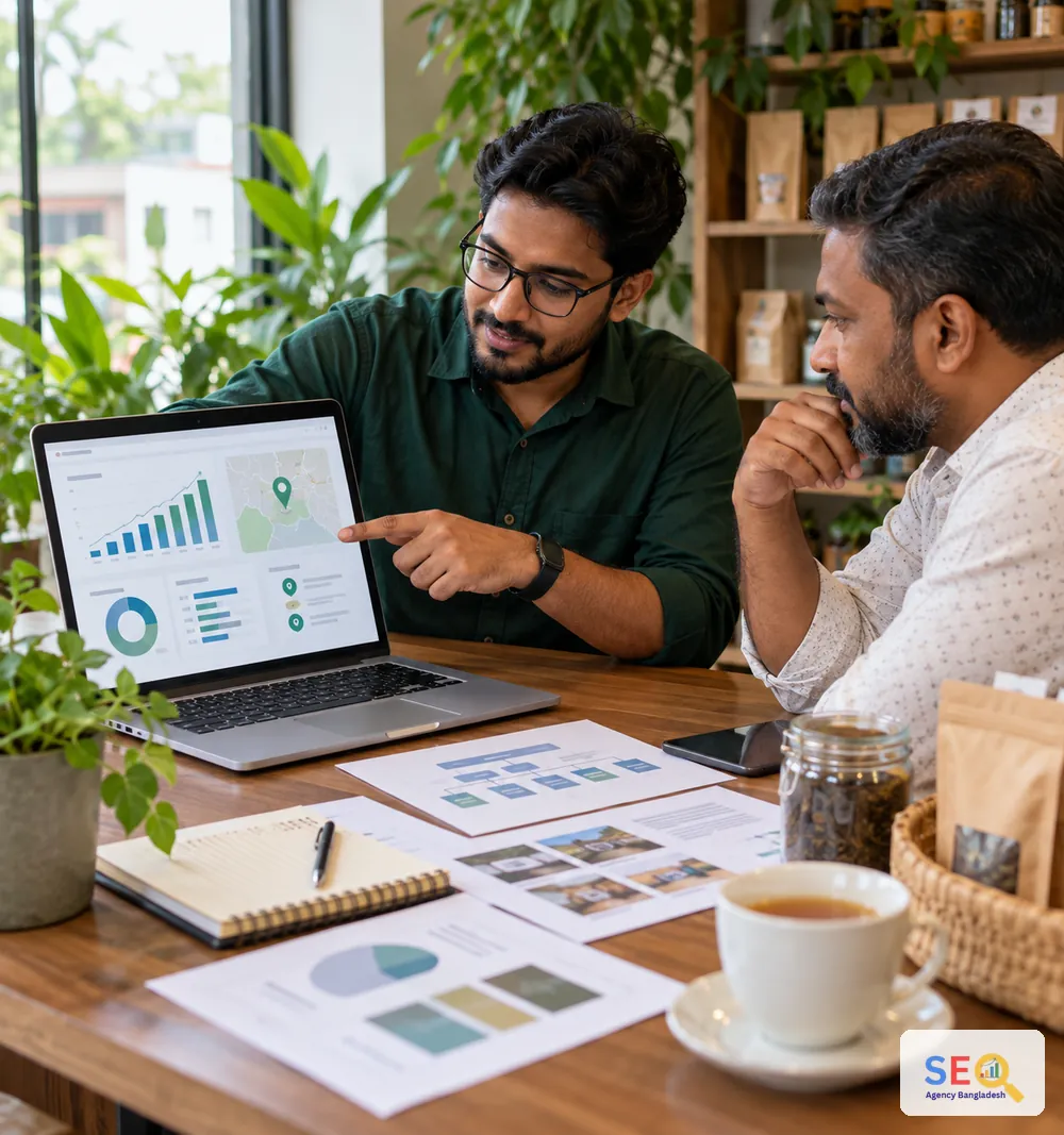 SEO specialist explaining local search and website performance data to a Sylhet business owner