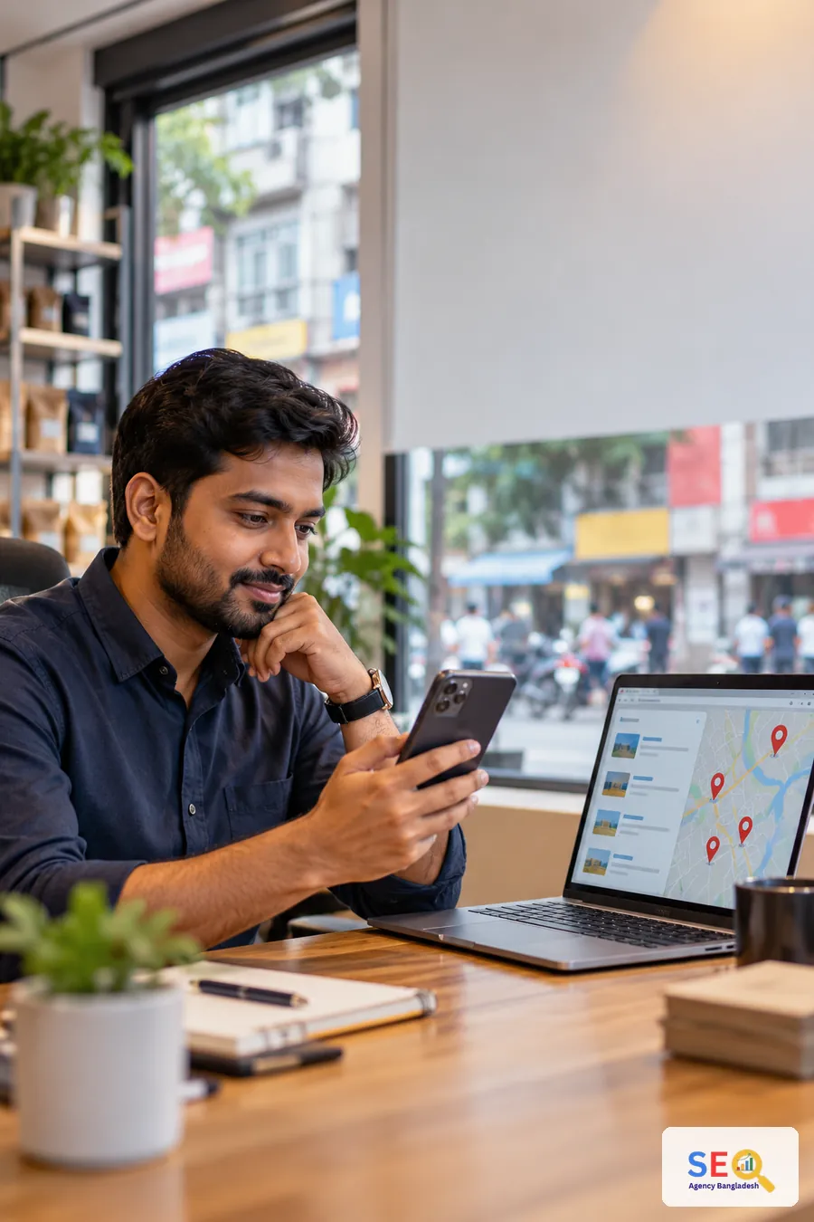 Bangladesh business owner comparing location-based search options on a phone and laptop