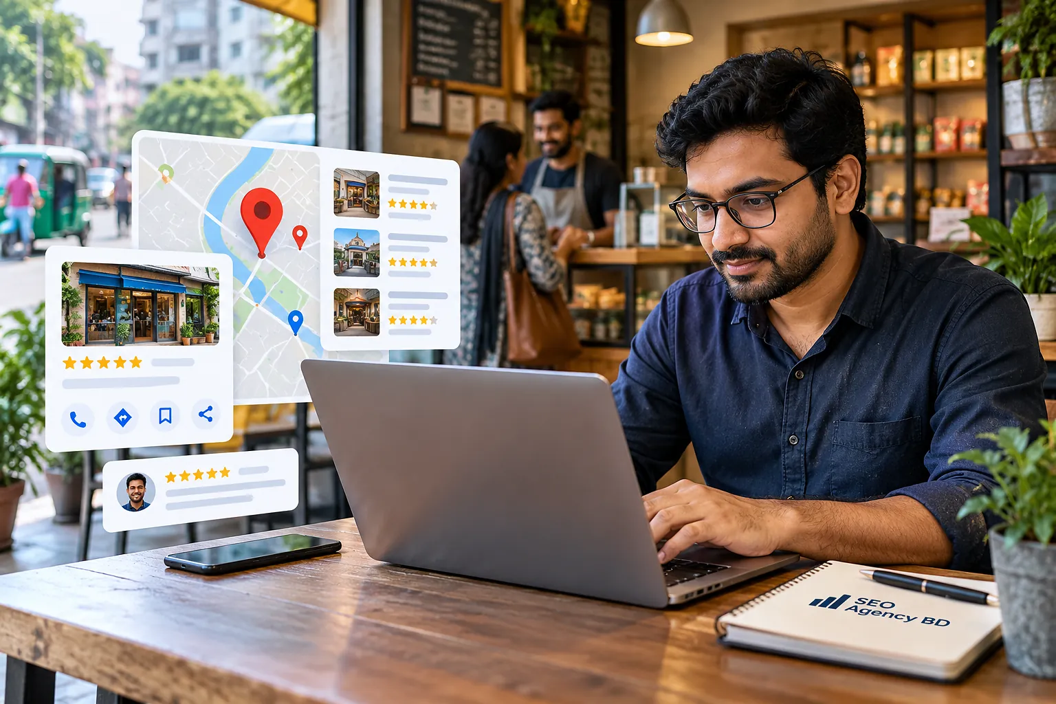 Bangladesh business owner reviewing Google Maps and local search results on a laptop
