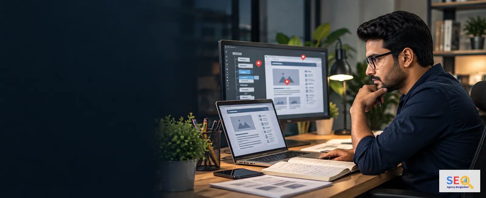 Local SEO specialist reviewing nearby business visibility and local-search signals in Bangladesh
