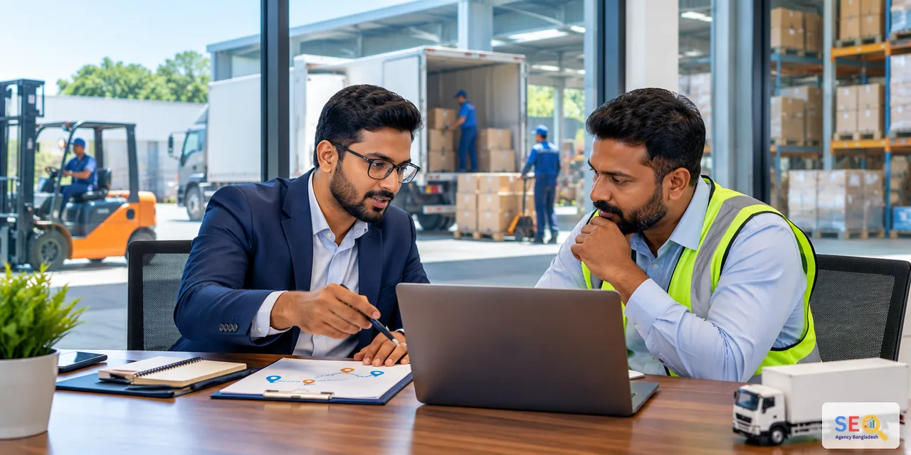Logistics company decision-maker and SEO consultant reviewing a route and service action plan