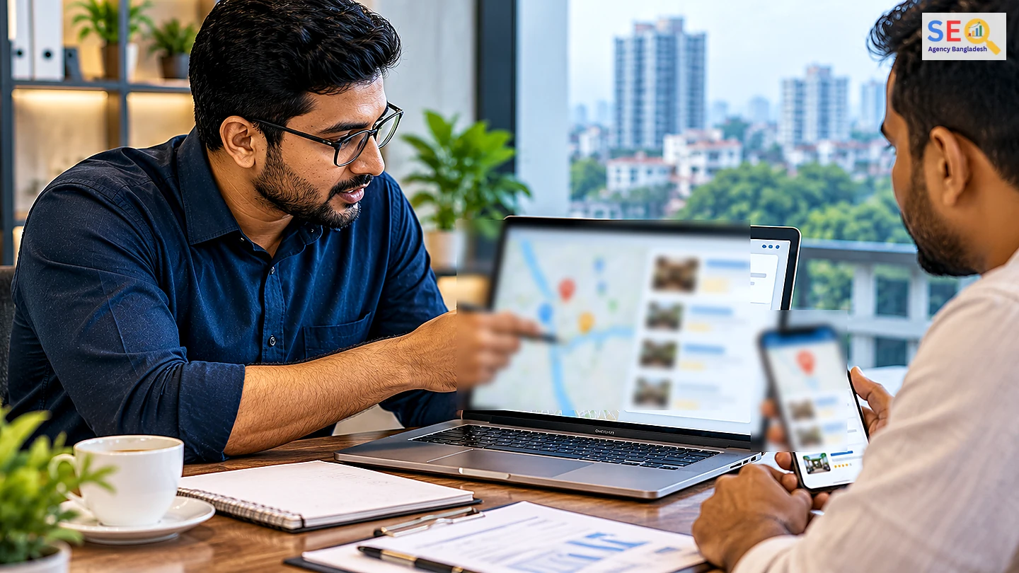 SEO Agency BD specialist discussing Google Maps visibility and local-search priorities with a business owner
