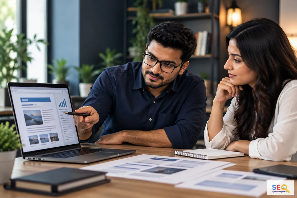 SEO specialist reviewing website search appearance, content and page performance signals with a colleague