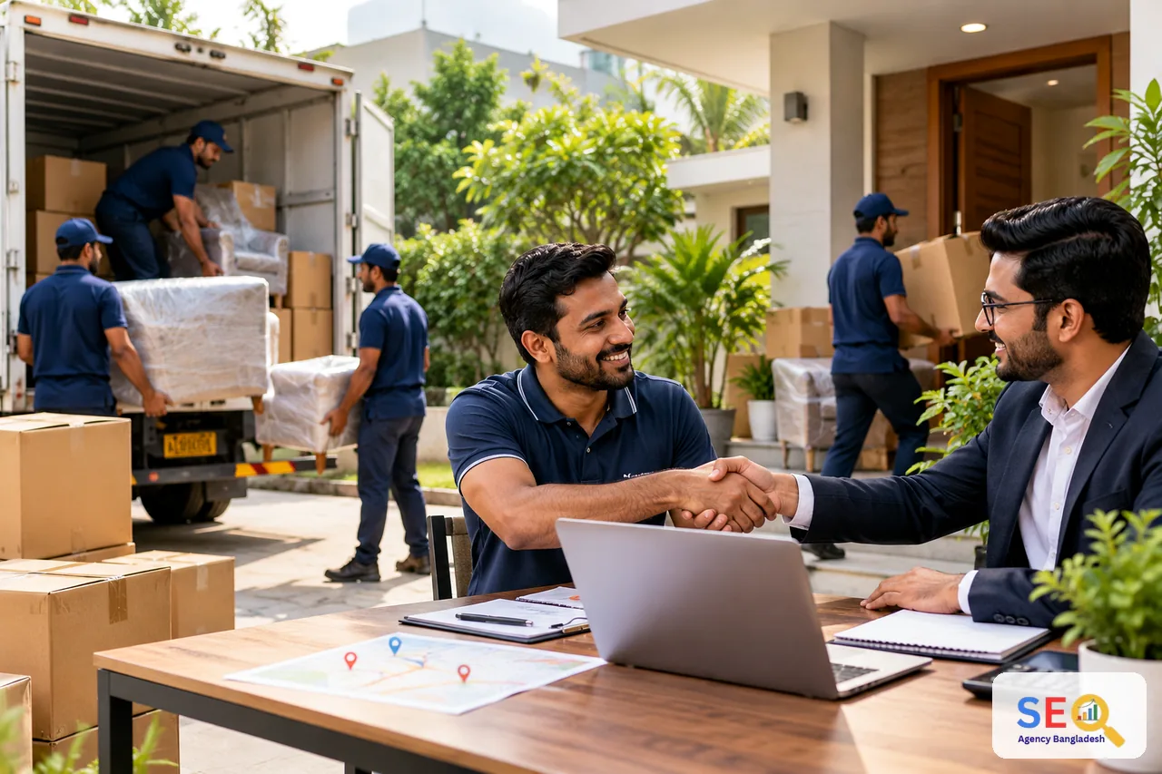 Moving company owner and SEO consultant agreeing on a local search and relocation lead plan