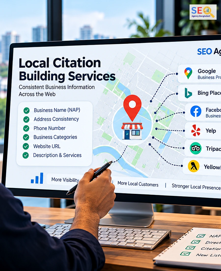 Business decision maker reviewing directory and NAP citation consistency for a local company