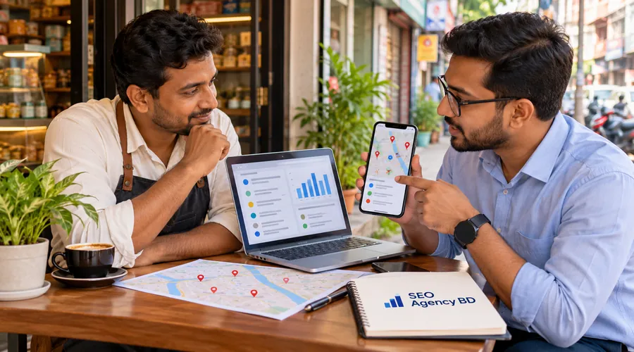 Bangladesh business owner and SEO specialist reviewing near-me search areas and local keyword demand