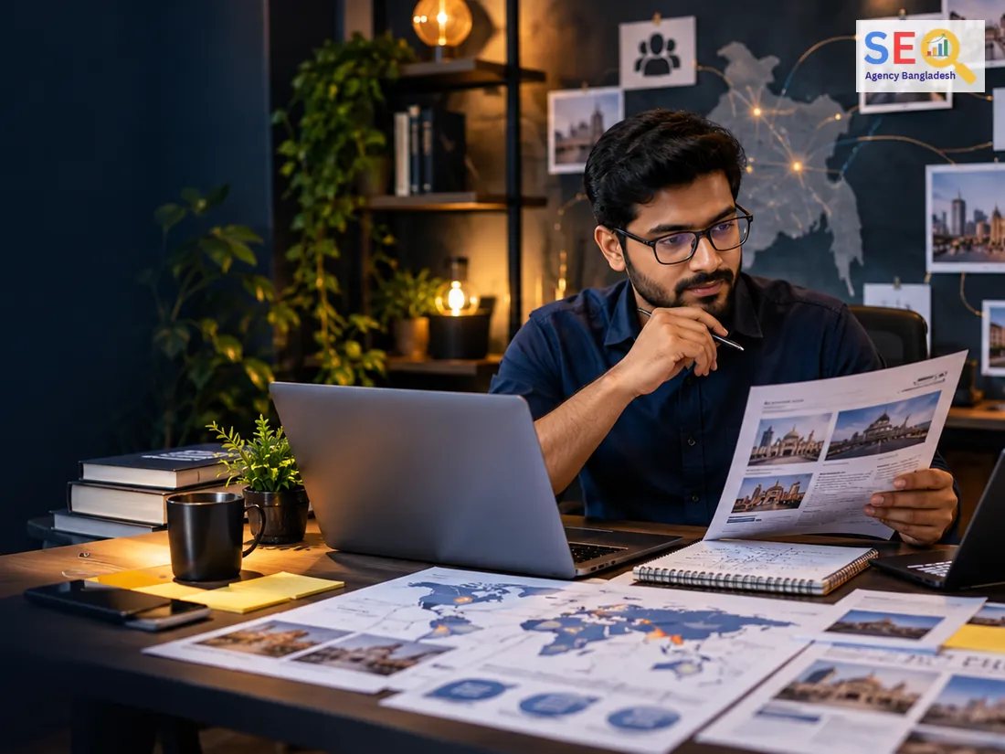 Business decision maker evaluating an off-site SEO authority plan with an SEO strategist