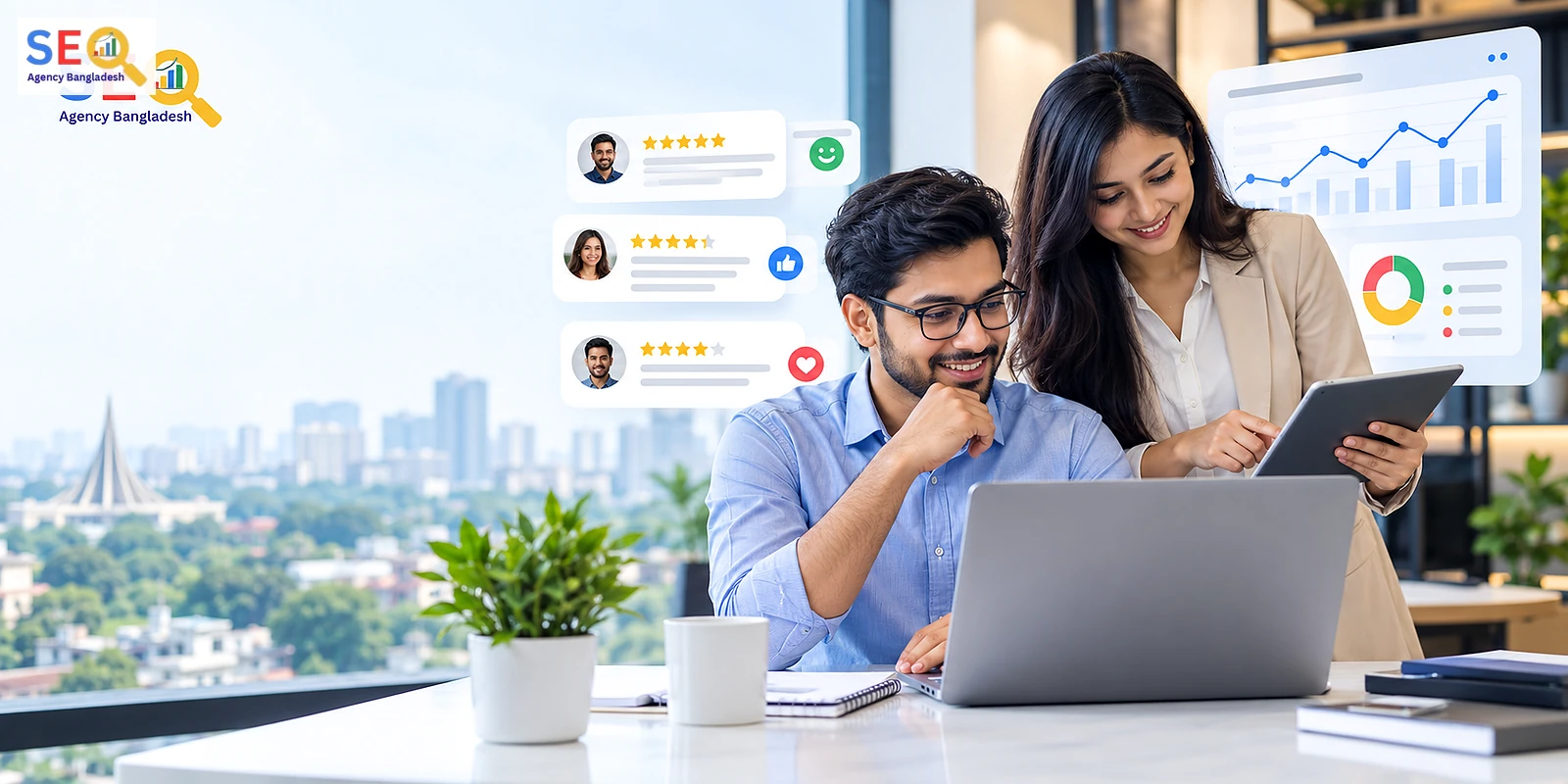 Bangladesh business owner and SEO specialist reviewing customer feedback and reputation trends