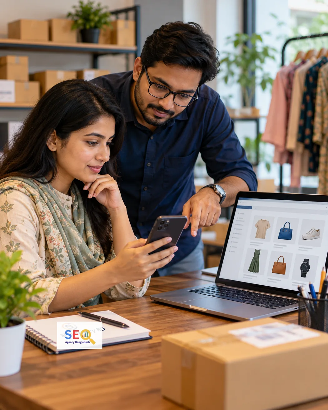 Bangladesh ecommerce team reviewing products on a phone and online store interface