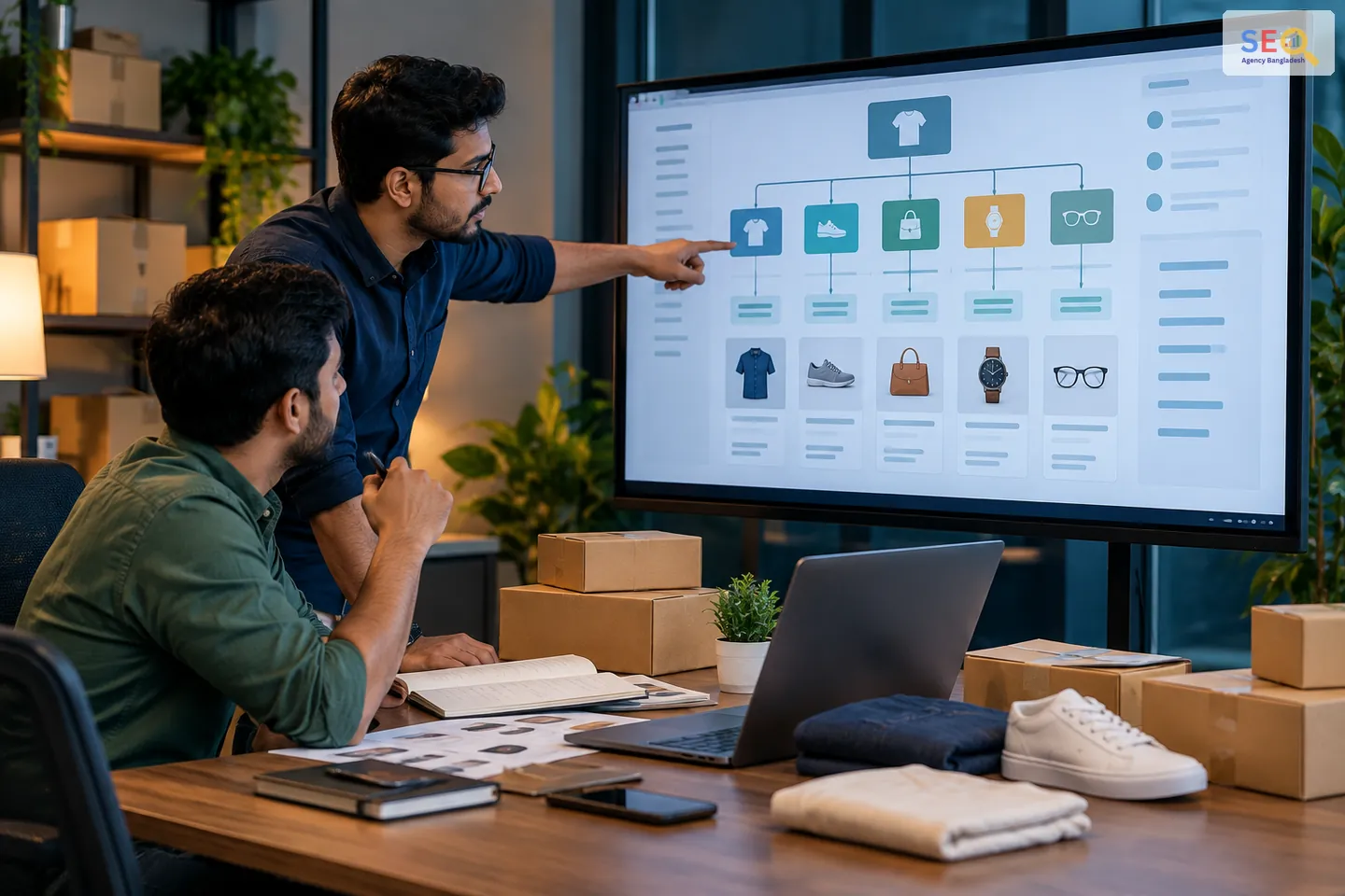Ecommerce SEO team planning product categories, catalog hierarchy and online store optimization
