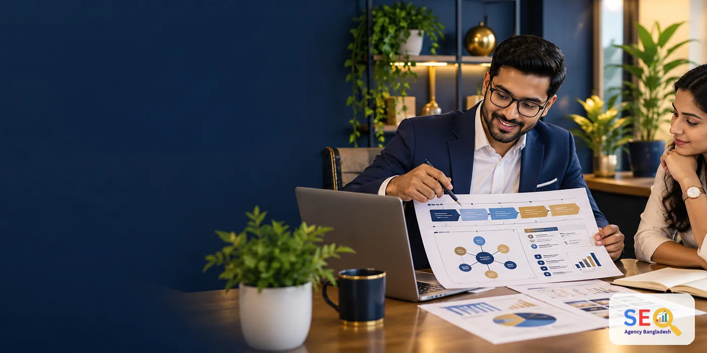 SEO strategist and Bangladesh business decision-maker reviewing a completed content roadmap and next steps