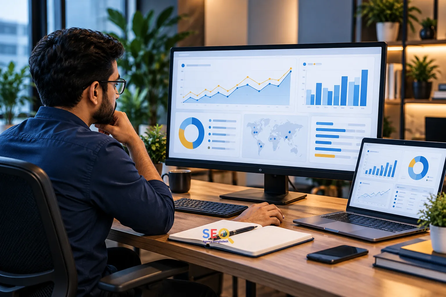 SEO analyst checking organic traffic trends and dashboard data quality across multiple reporting views