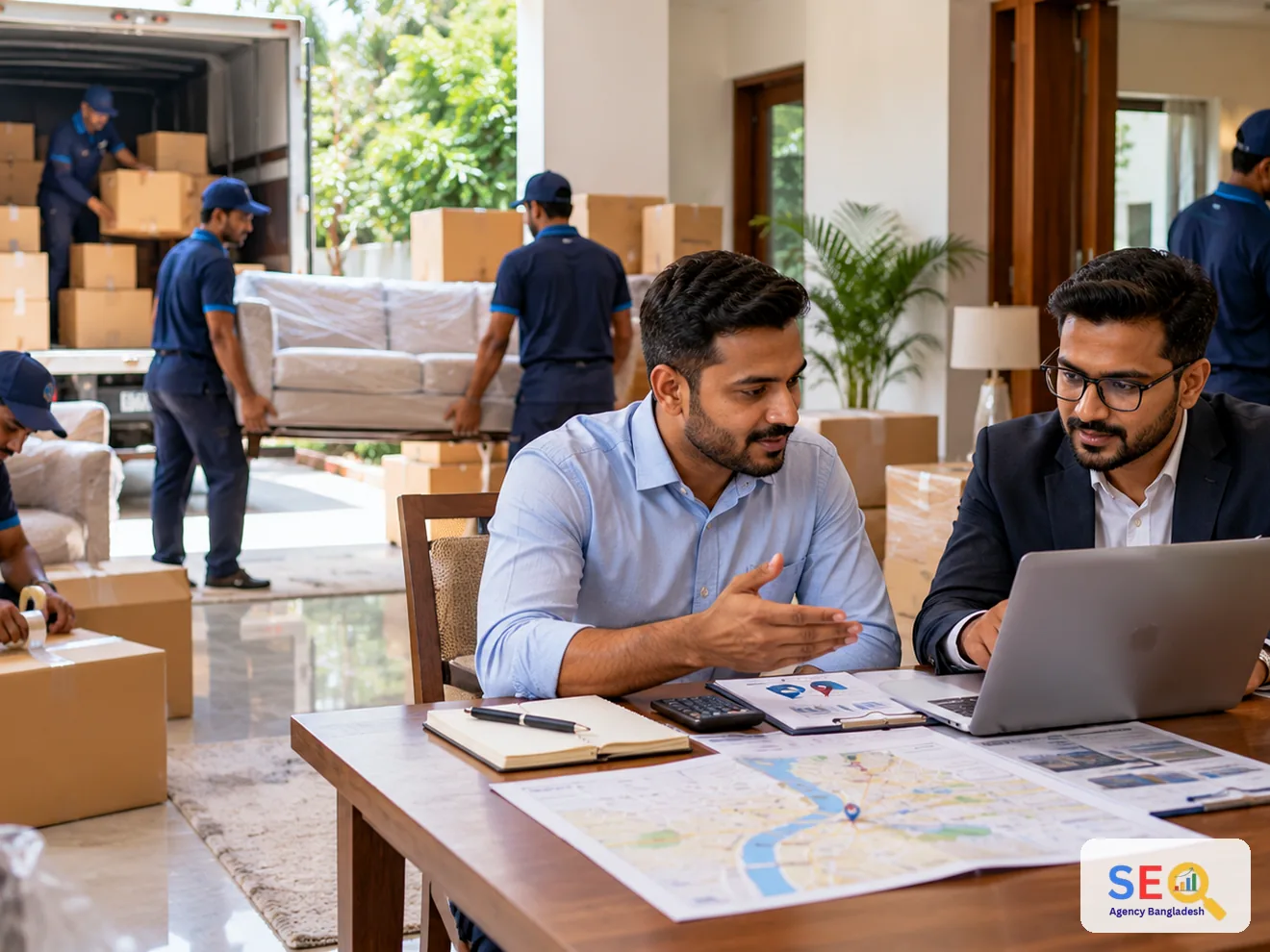 Moving company owner and SEO specialist planning service areas while a crew packs furniture and loads a truck