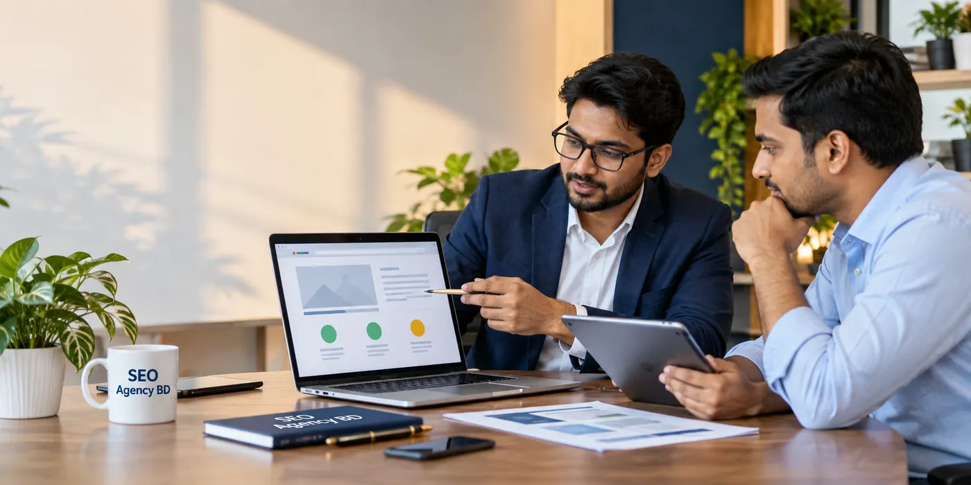 SEO performance specialist reviewing a website optimization plan with a business decision-maker