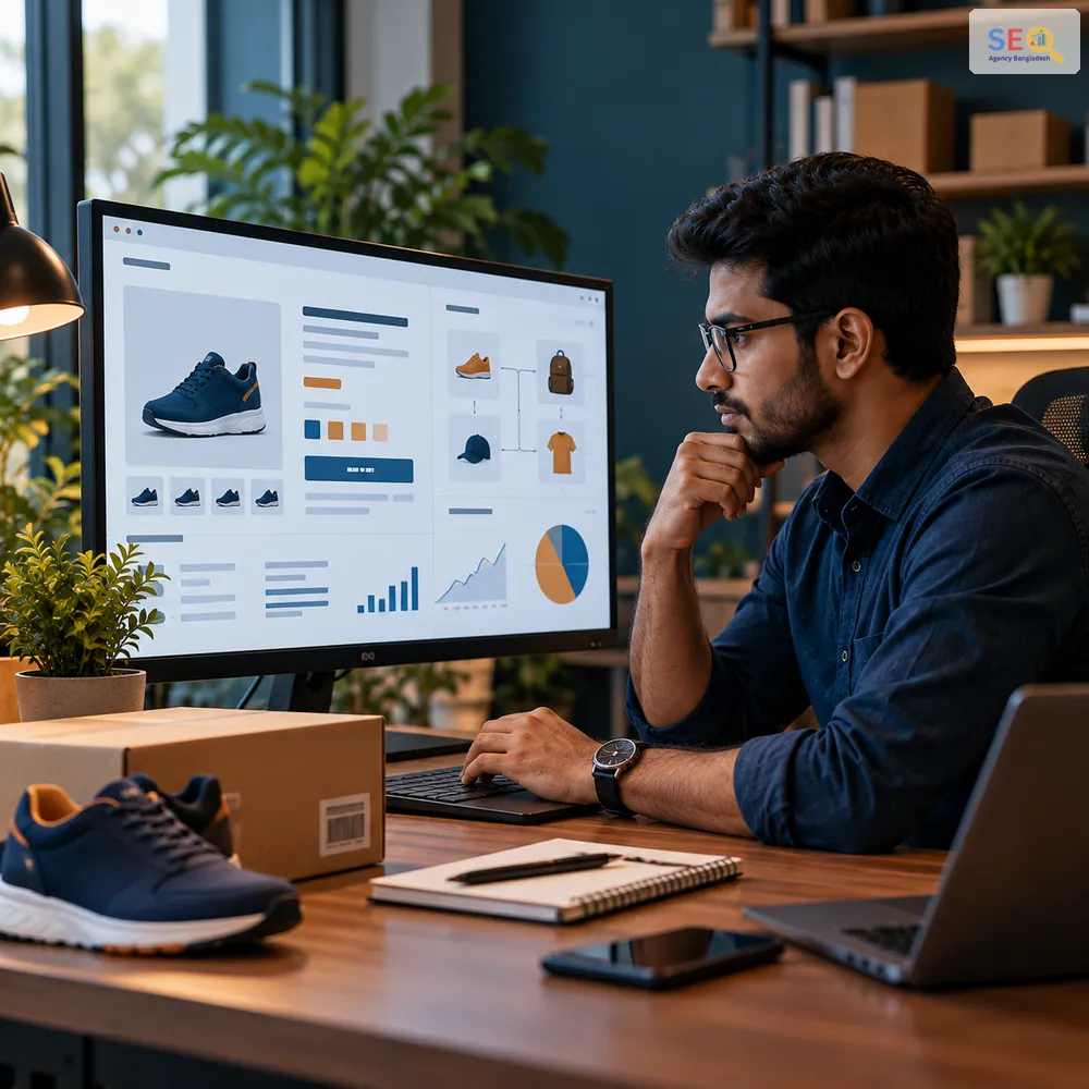 Ecommerce SEO specialist reviewing a product page, related products and store performance evidence