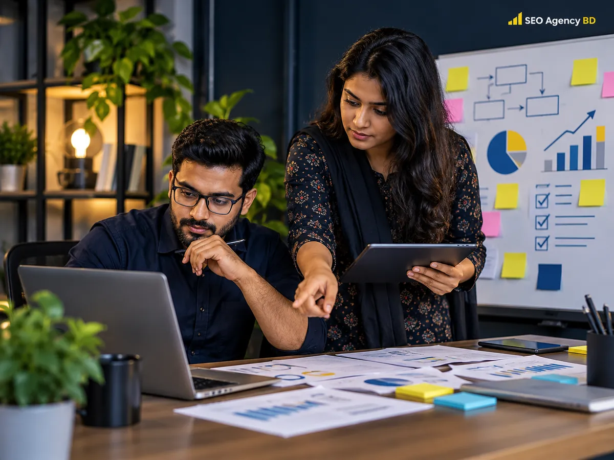 SEO Agency BD workflow covering research, diagnosis, planning, implementation and monitoring