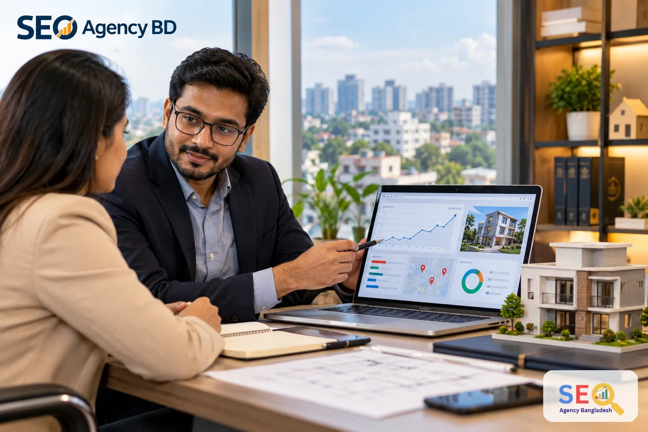 SEO consultant discussing property website performance with a Bangladesh real estate decision-maker