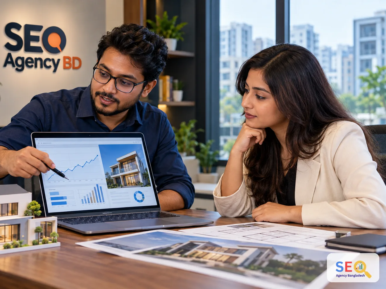 SEO specialist and property team reviewing project pages, plans and performance data