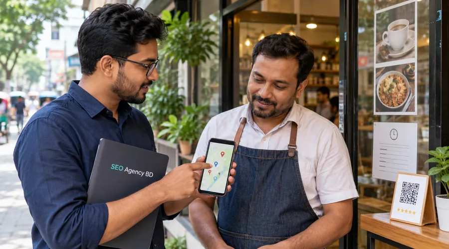 Bangladesh shop owner reviewing local map visibility and review request setup with SEO specialist