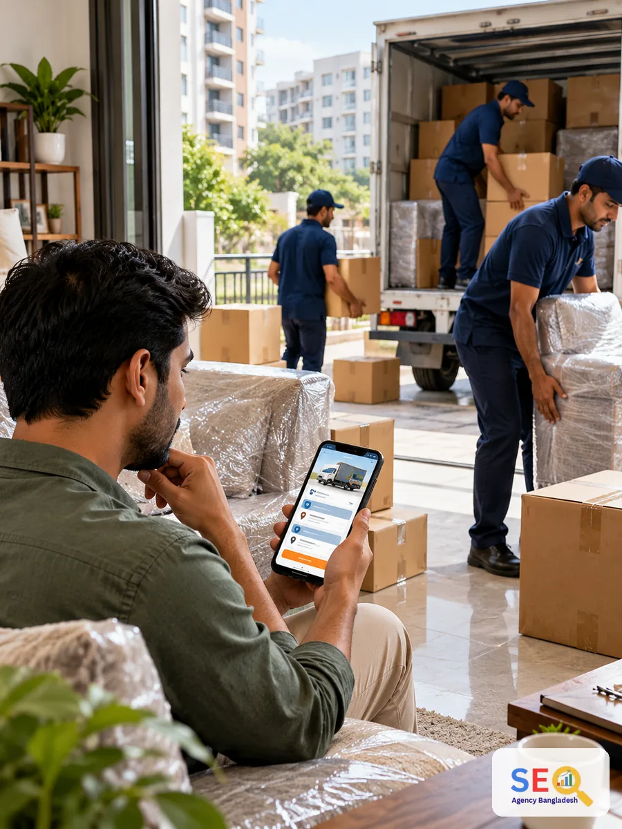Homeowner comparing moving service and quote options on a smartphone while a moving crew loads a truck