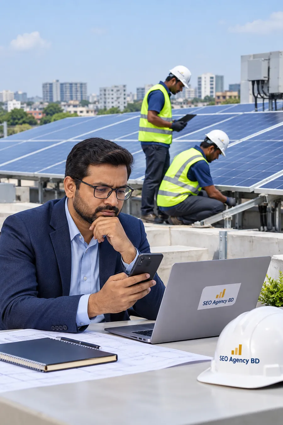 Bangladesh business decision-maker researching a rooftop solar provider while technicians inspect solar panels