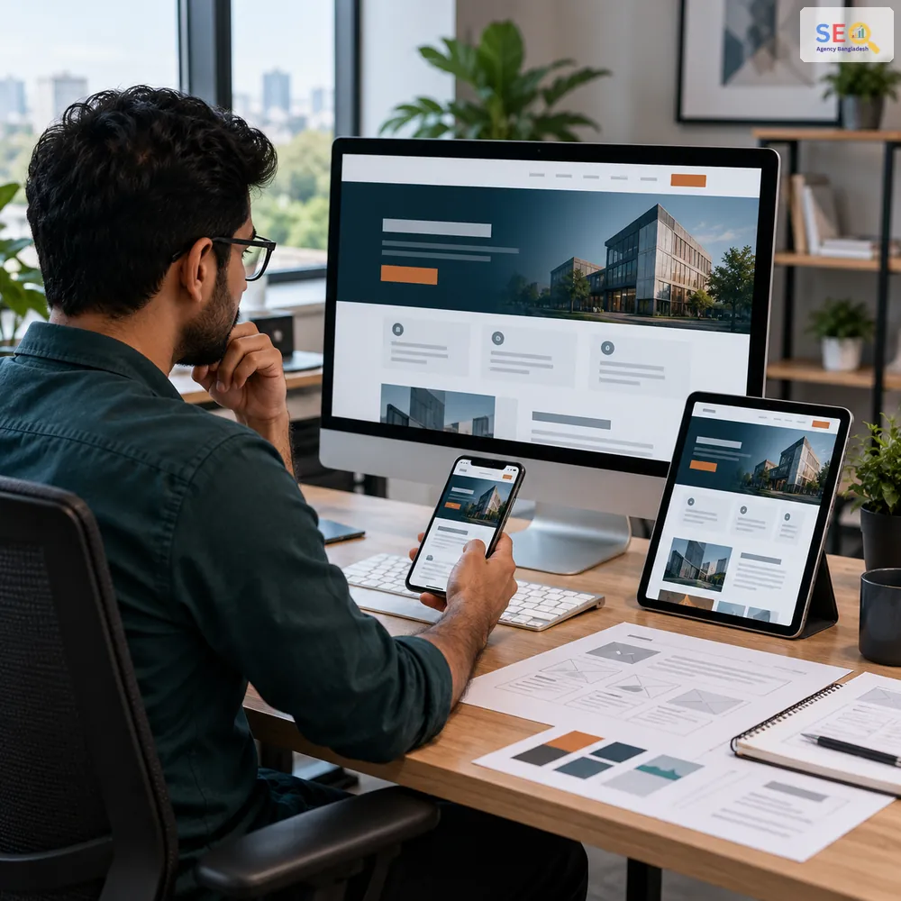 Web designer checking the same business website across desktop, tablet and mobile screens