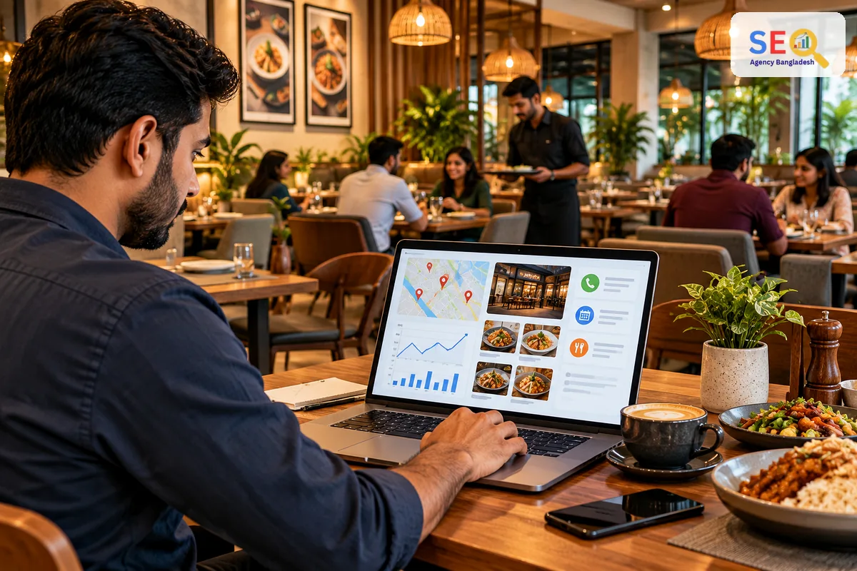 SEO specialist reviewing restaurant map visibility, menu engagement and local customer actions