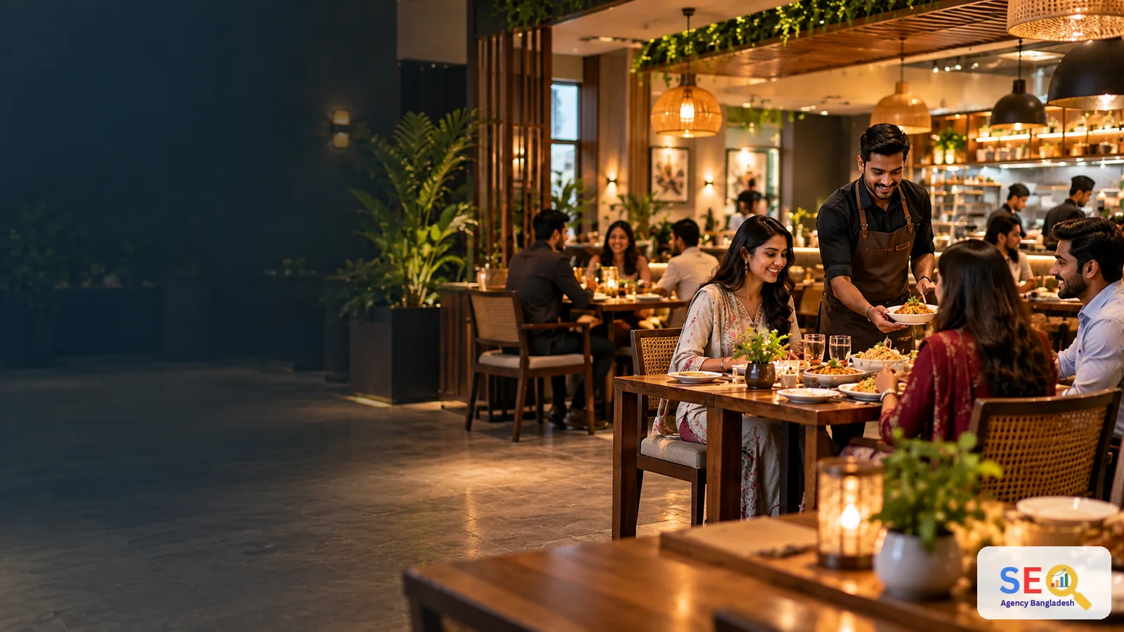 Busy modern Bangladesh restaurant with diners being served in a warm dining room