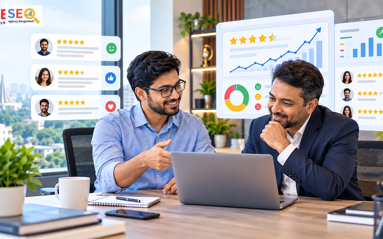 SEO specialist reviewing customer review trends, response coverage and reputation data