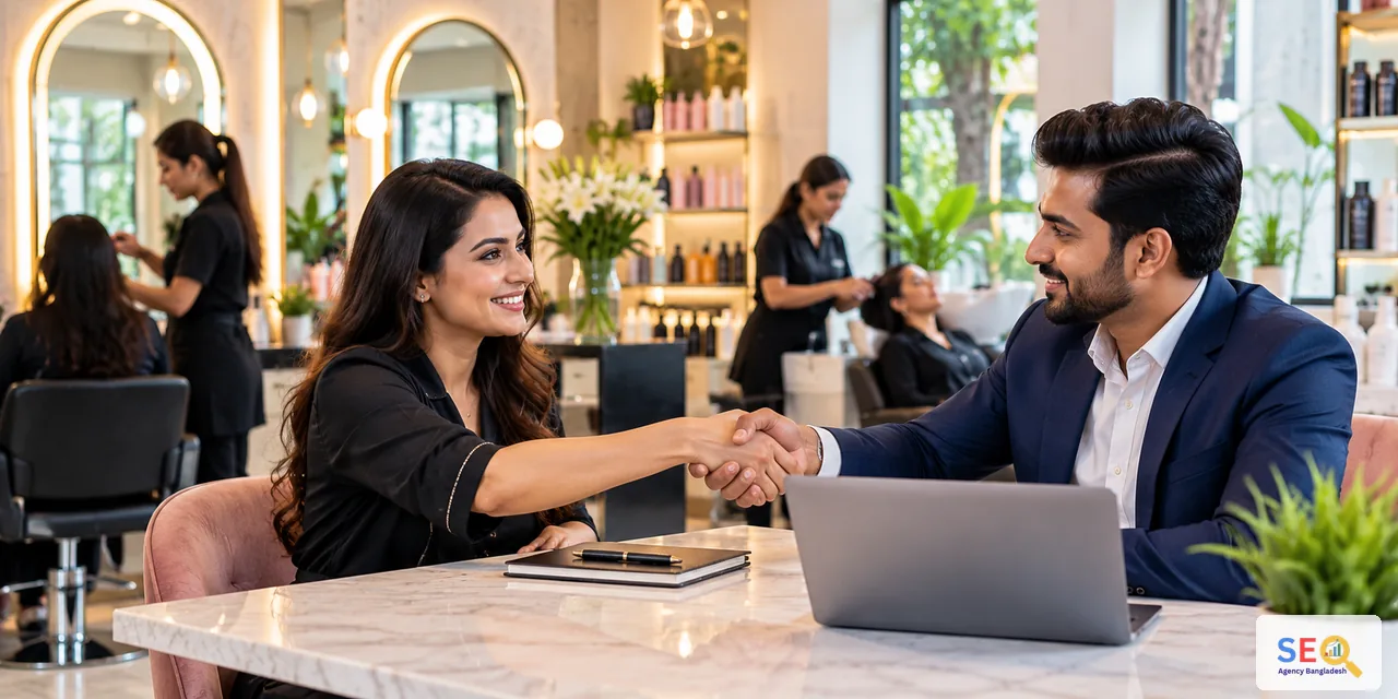 Salon owner and SEO consultant concluding a beauty salon website and local search consultation